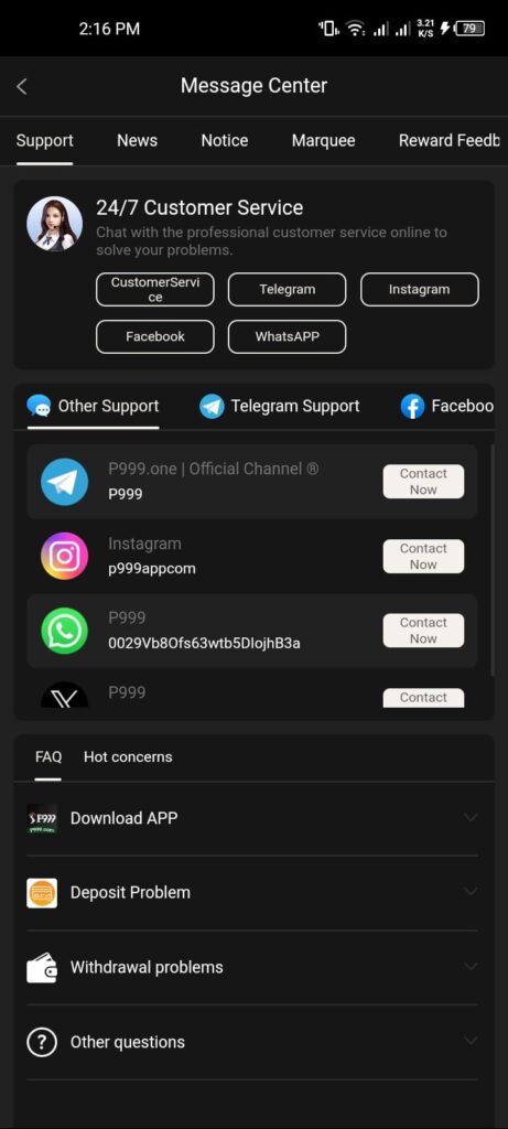Customer Support Screen in P999 Game APP